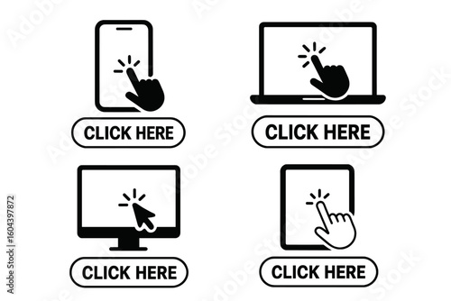 Click here button icon set. Hand pointer and mouse arrow cursor symbol collection. Vector action buttons for website, app, buy or download on computer, laptop, tablet devices.