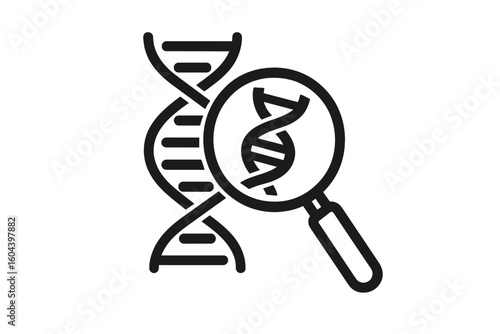 DNA Analysis Icon, Genetics Testing, DNA Helix with Magnifying Glass, Genetic Research, Paternity Test, Biotechnology, Forensic Science, Medical Diagnosis, Genome Study, Vector Illustration