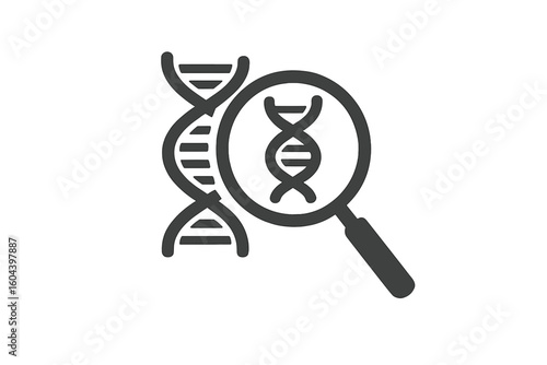 DNA analysis icon showing genetics testing with a DNA chain under a magnifying glass. Science vector sign for paternity testing, genealogy, medical research and biotechnology.