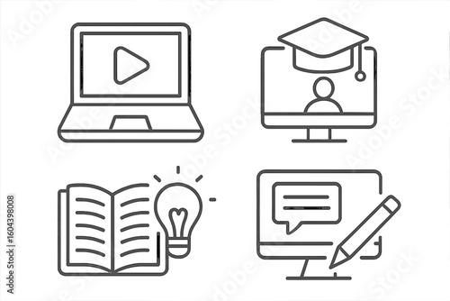 Online education and e-learning vector icon set. Thin line symbols for distance learning, webinar, digital courses, and online university. Pictograms for study, knowledge, and test.