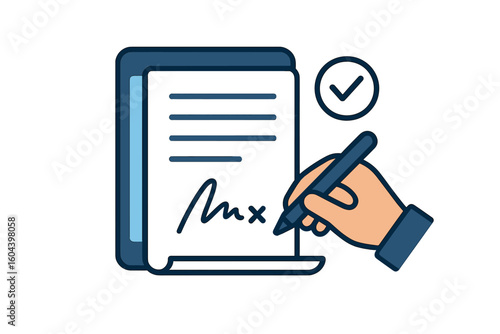 Electronic signature concept. E-signing a digital contract, online document, or business agreement. Hand with pen signing on a screen. E-signature and verification icon.