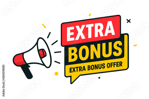 Extra bonus offer vector banner with a megaphone. Marketing and advertising design for special promotions. Loudspeaker announcement illustration on a transparent background.