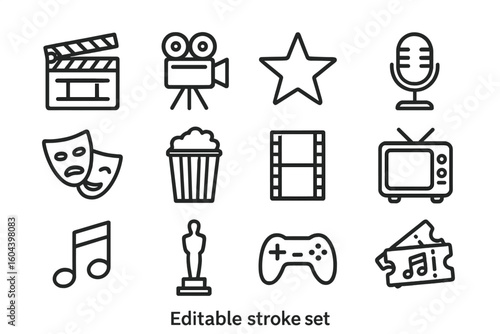 Cinematic Entertainment Icon Set. Theater, TV, Film, Music, Awards, Gaming, Popcorn, Microphone, Movie Reel, Symbolic Cultural Arts Vector Collection. Editable Line Style. Transparent Background.