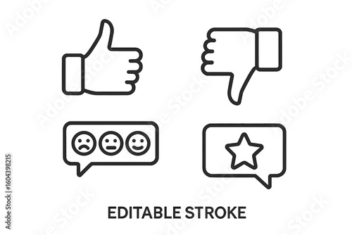 Feedback and review line icon set with editable stroke. Vector illustration for customer satisfaction survey. Like, dislike, thumbs up, down, emoji, star rating symbols.