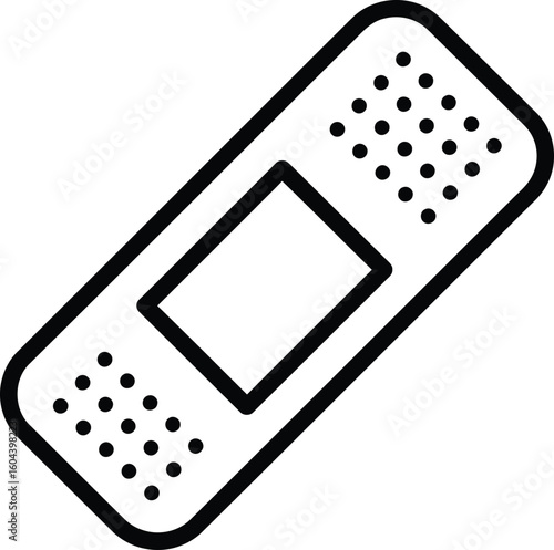 Adhesive Bandage Illustration: An illustrative representation of a medical bandage, featuring a rectangular pad and a surrounding adhesive strip, designed for protecting and covering minor injuries. 
