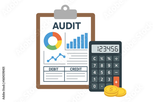 Audit Financial Report Analysis. Clipboard with Colorful Graphs and Charts, Pie Chart, Bar Chart, Line Chart, Debit and Credit Calculation Table, Accounting Audit Concept, Tax and Finance Tools