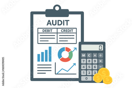 Financial audit and accounting concept. Clipboard with graphs and charts for business analysis. Debit and credit calculation, bookkeeping, and tax reporting with calculator.