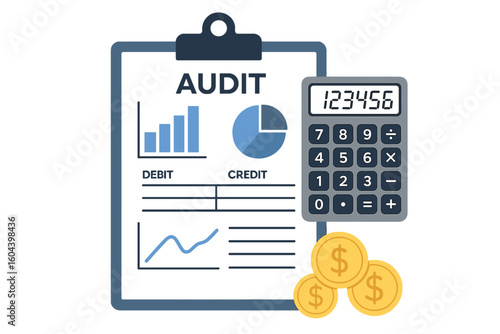 Audit Financial Report with Charts and Graphs, Debit and Credit Analysis, Tax Accounting, Calculator, Coins, Bookkeeping, Income Research, Accounting Dashboard, Financial Data Visualization