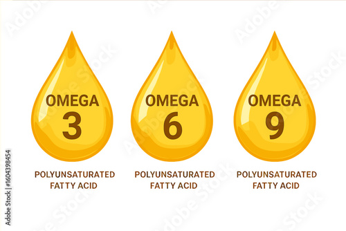 Omega 3 6 9 Drops Vector. Polyunsaturated Fatty Acids Supplement Concept. Golden Oil Drops Illustration. Nutrition Label Design. EPA DHA Organic Fish Oil. Healthy Heart Vitamin Nutrient