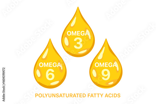 Golden Omega Fatty Acid Drops — Omega-3, Omega-6, Omega-9 Polyunsaturated Fatty Acids, Nutritional Oil Supplement, Natural Organic EPA DHA, Health Vitamin Concept Illustration