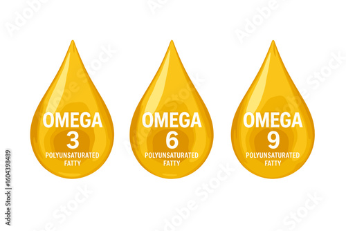 Golden Omega-3, Omega-6, and Omega-9 Drops Vector Illustration, Polyunsaturated Fatty Acids Supplement Icon, Healthy Nutrition, Transparent Background, Essential Fatty Acids Graphic