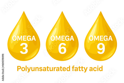 Gold Oil Drops Omega-3, Omega-6, Omega-9 Fatty Acids Vector Illustration, Polyunsaturated Healthy Fat Nutrients in Transparent Background for Health and Wellness Design