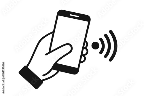 Hand holding phone for contactless payment. NFC wireless pay technology icon. Smartphone mobile transaction symbol. Digital wallet and cashless e-payment vector logo concept.