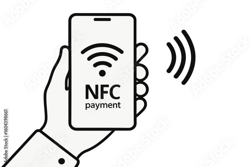 Hand holding phone for NFC payment. Contactless wireless pay technology concept. Tap to pay with smartphone. E-wallet, digital money transfer. Vector icon on transparent background.