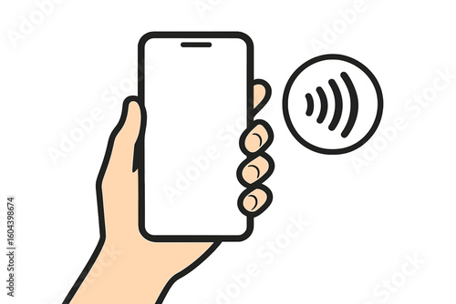 Hand holding phone for contactless wireless payment. Near Field Communication (NFC) tap to pay technology concept. Mobile transaction with digital wallet vector icon illustration.