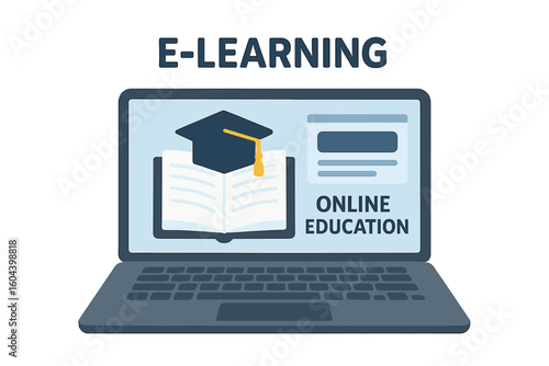 E-learning and online education concept. Laptop with open book and graduation hat on screen. Digital library, web courses, home schooling and distance university learning.