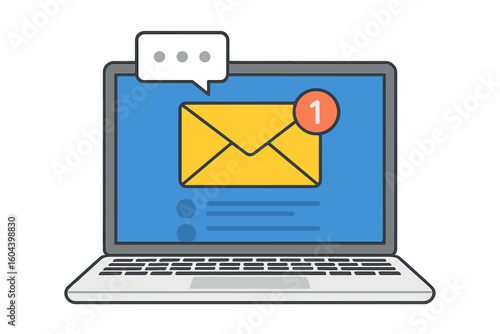 Email notification on a laptop computer screen. New message alert in the mail application with an envelope icon. Unread e-mail in an inbox. Digital communication, online business concept.
