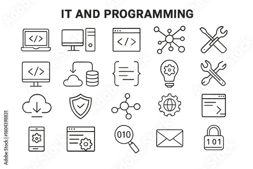 IT and programming thin line icon set. Software development, coding, and web design symbols. Vector collection for data security, cloud computing, and network technology.