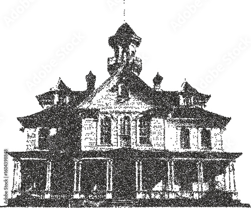 Horror retro y2k stipple design mansion halftone brutalist urban vector png with clear background, spooky 2000s photocopy grunge tattoo gen z effect