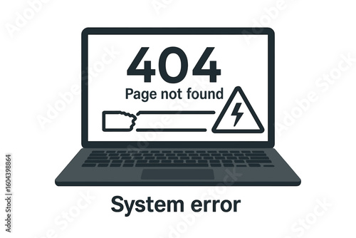 Error 404 page not found vector illustration. System error message on laptop screen with broken connection icon. Disconnected page concept for website or presentation.