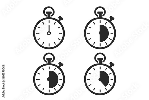Stopwatch timer icon set. Vector clock illustration for time management, countdown, and deadline concepts. Flat minimal sport chronometer symbol collection of 4.