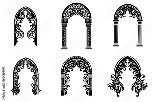 Set of elegant black and white floral ornaments featuring stylized archways for engraving, stencil, or decorative printing