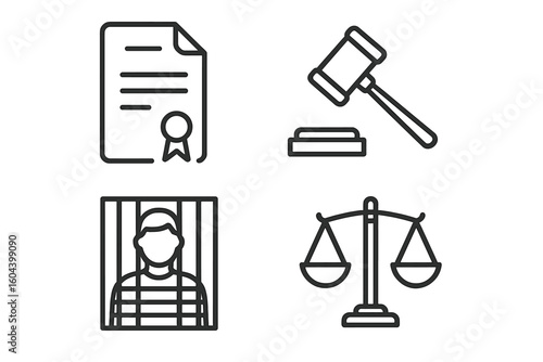 Law and justice vector icon set. Linear outline symbols for legal concepts. Judge gavel, scales of justice, prisoner in jail, and court document. Crime, punishment, lawyer.