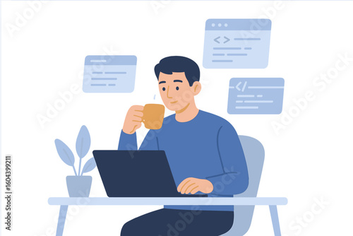 Man programmer or coder working at his desk with a laptop. Freelancer character concept of a developer job. Remote work from home office, programming and coding technologies.