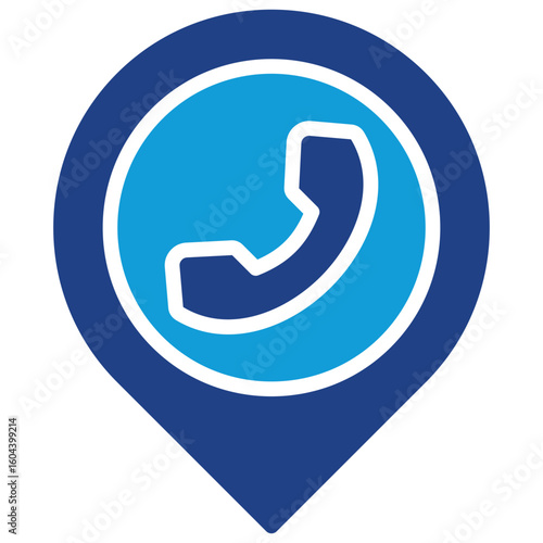 Call Location Glyph Silhouette Blue Icon Vector Design - Phone call symbol inside a map pin, representing call location or contact address