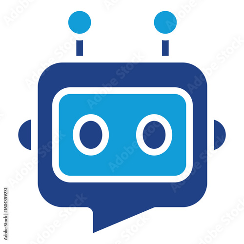 Chatbot Glyph Silhouette Blue Icon Vector Design - friendly robot head with antennas and chat bubble, representing automated virtual assistant or chatbot