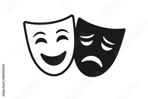 Comedy and tragedy theater masks icon. Happy and sad face symbol. Metaphor for mood swings, bipolar disorder, psychology, mental health. Dual personality, emotion concept.