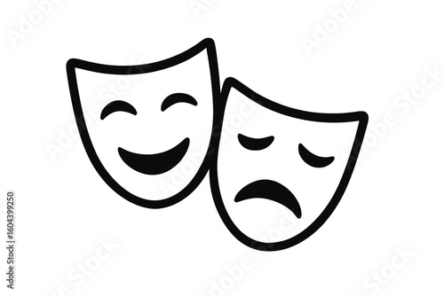 Comedy and tragedy theater masks vector icon. Happy and sad emotion faces. Traditional symbol of drama, acting and performance. Duality, psychology or bipolar concept.