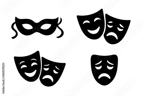 Theater masks vector icon set. Comedy and tragedy. Happy and sad face. Drama symbol. Acting performance. Masquerade carnival. Mood swing, bipolar disorder metaphor.