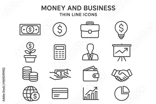 Money and business thin line icon set. Finance, investment, and banking outline pictograms. Vector collection of symbols for commerce, payment, growth, and analytics.