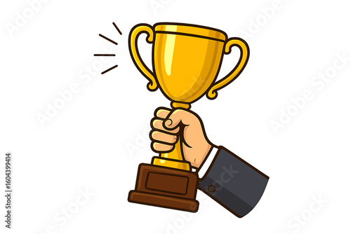 Hand holding golden trophy. Winner's cup as a symbol of success, victory, and championship. Business goals achievement and leadership idea. Sports prize vector illustration.