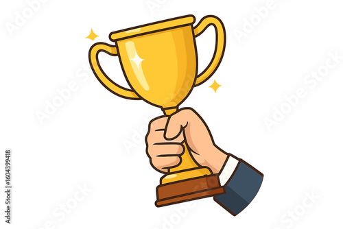 Hand holding golden trophy cup. Business success, victory, and leadership concept. Winner prize celebration. Champion award for goal achievement. Vector illustration.