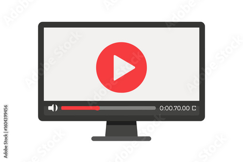 Monitor with multimedia player frame, online video streaming screen, displaying movies, educational materials, distance learning, web video courses, vector illustration isolated
