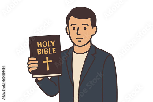 Man holding the Holy Bible, a concept for Christian religion, faith, and belief. Vector illustration of a person, preacher, or missionary with the sacred scripture book.