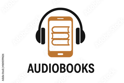 Audiobook icon with headphones and smartphone. Concept for online education, e-learning, digital library, podcast, and audio courses. Vector logo for listening to books.