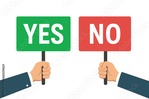 Hands holding green Yes and red No signs. Concept of choice, decision making, voting, and feedback. Positive vs negative, true or false dilemma. Survey or poll vector illustration.