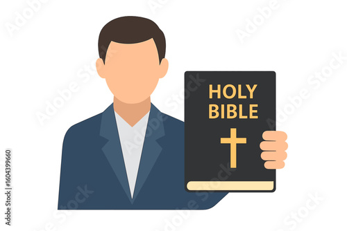 Man holding Holy Bible book. Christian pastor or preacher with sacred scripture. Religious faith, spirituality, and gospel concept. Vector flat illustration for church purposes.