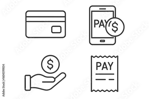 Payment icons set. Thin line style financial symbols for web, mobile app. Includes credit card, phone pay, cash coin, receipt bill. Business vector graphics collection.