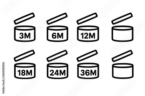 PAO symbol vector icon set. Period After Opening sign for cosmetic packaging. 3, 6, 12, 18, 24, 36 months shelf life. Expiration date label. Open jar symbol info.