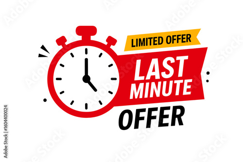 Last minute offer promotion banner with stopwatch timer. Limited time deal and exclusive sale sticker. Countdown for final discount and one day special promo vector icon.