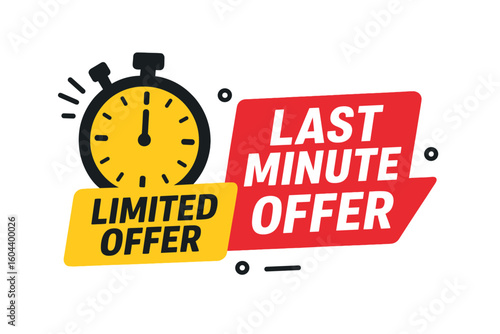 Last minute offer promotion banner with stopwatch. Limited time deal and special offer concept. Sale countdown timer for one day sales. Exclusive promo sticker design graphic.