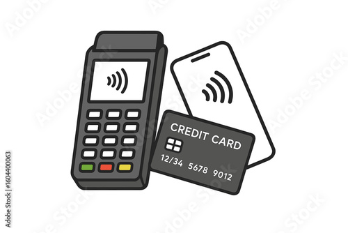 POS terminal with smartphone and credit card for wireless, contactless, and cashless payments. NFC technology for financial transaction. Vector illustration icon for e-commerce.