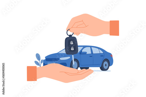 Car key exchange between two hands. Concept of buying, selling, or renting an automobile. Dealership transaction, carsharing service, or vehicle ownership transfer vector.