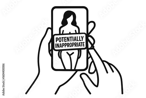 Potentially inappropriate content warning on smartphone. Concept of censorship, online safety, parental controls for explicit adult material. Sensitive content icon vector.