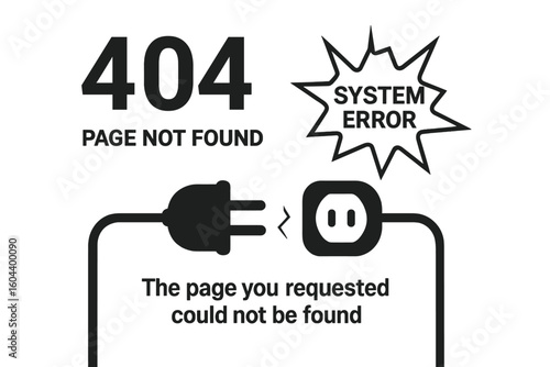 Error 404 page not found vector illustration. Disconnected plug and socket concept for website down. System error message, connection lost, offline background design.