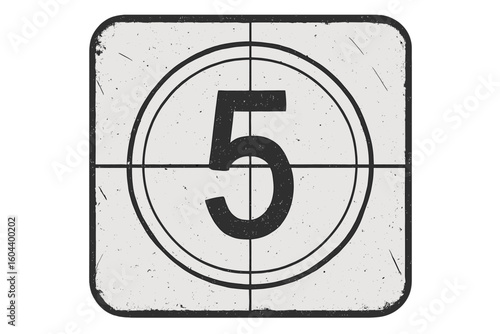 Old film countdown frame with the number five. Retro movie timer count for cinema screening start. Vintage filmstrip projector reel. Vector isolated on transparent background.